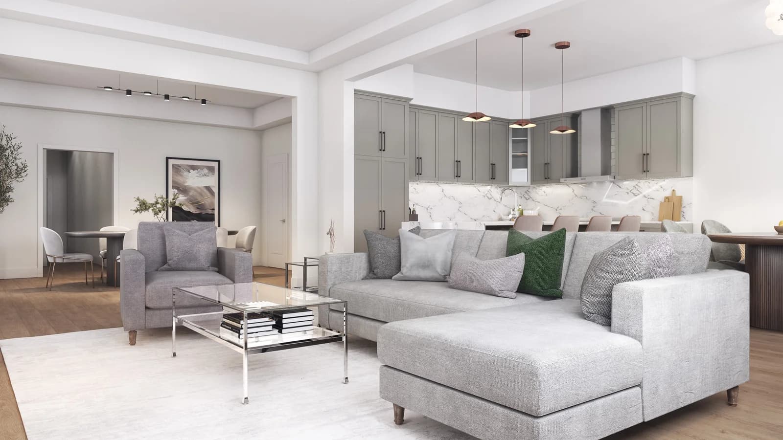 Bright illustrative Auden Grand Towns living room adjoining the kitchen